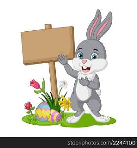 Cartoon little bunny with easter eggs, flowers and blank plank sign in the grass