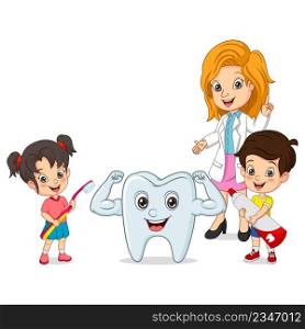 Cartoon little children with dentist and strong tooth