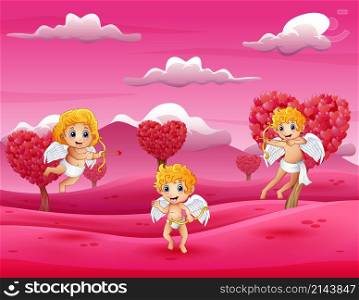 Cartoon little cupid playing in the field pink