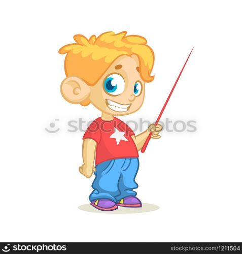 Cartoon little cute blond boy character presenting with a pointer. Vector illustration of a small boy presenting. Presentation clip art. Cartoon cute boy presenting