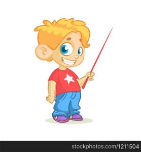 Cartoon little cute blond boy character presenting with a pointer. Vector illustration of a small boy presenting. Presentation clip art. Cartoon cute boy presenting