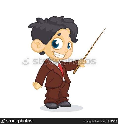 Cartoon little cute boy character presenting with a pointer. Vector illustration of a small boy presenting. Presentation clip art. Cartoon cute boy presenting