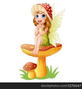 Cartoon little fairy sitting on mushroom