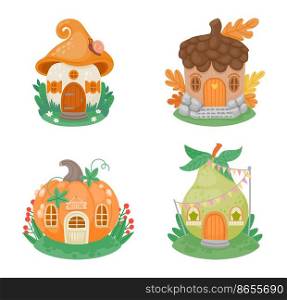 Cartoon little fantasy houses. Cute small gnome buildings in shape of mushroom, pumpkin, pear and acorn on green lawn. Magic homes for fairytale with leaves, berries vector isolated set. Cartoon little fantasy houses. Cute small gnome buildings in shape of mushroom, pumpkin, pear and acorn on green lawn