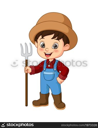 Cartoon little farmer holding a rake