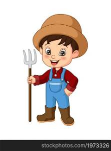 Cartoon little farmer holding a rake