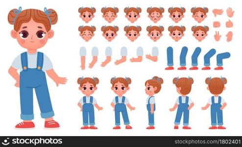 Cartoon little girl character constructor with gestures and emotions. Child mascot side and front view, body parts for animation vector set. Illustration of character girl pose and gesture. Cartoon little girl character constructor with gestures and emotions. Child mascot side and front view, body parts for animation vector set