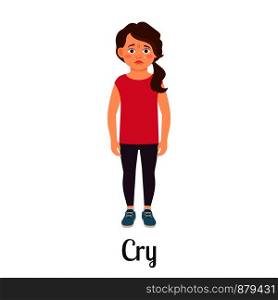 Cartoon little girl crying feeling isolated on white background. Vector illustration. Cartoon little girl crying