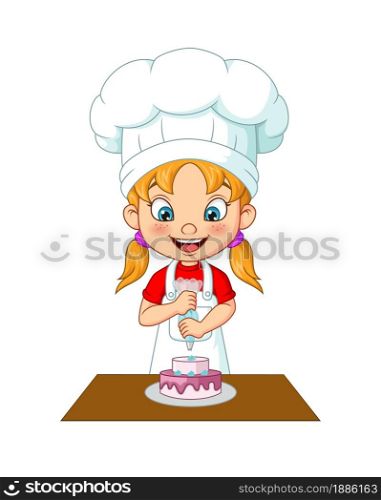 Cartoon little girl decorating cake