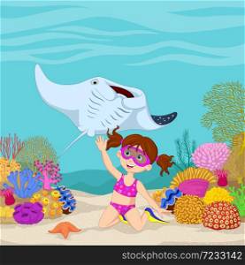 Cartoon little girl diving in underwater tropical sea