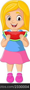 Cartoon little girl eating watermelon slice