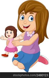 Cartoon little girl holding a doll