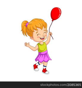 Cartoon little girl holding red balloon