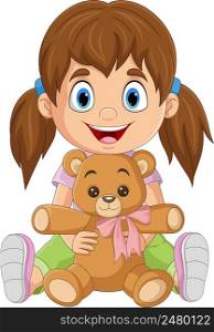 Cartoon little girl holding teddy bear