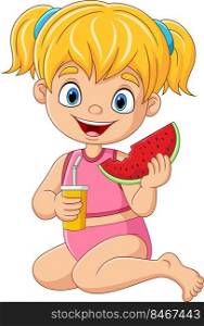 Cartoon little girl holding watermelon with drink