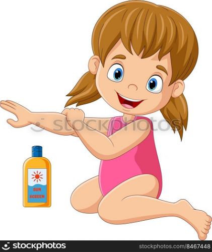 Cartoon little girl in a swimsuit applying sunscreen lotion on her arm