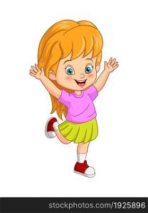 Cartoon little girl in dressed raising hands