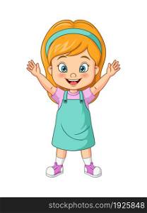Cartoon little girl in dressed waving hand