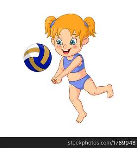 Cartoon little girl playing beach volleyball