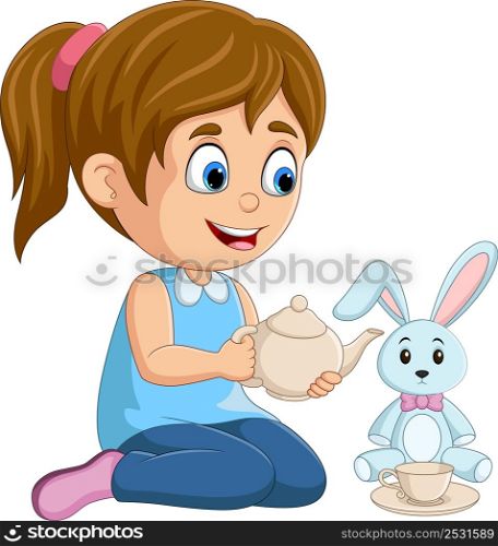 Cartoon little girl playing rabbit doll