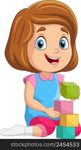 Cartoon little girl playing with building blocks