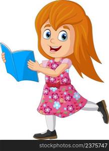 Cartoon little girl stands and reading a book