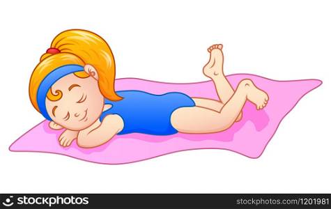 Cartoon little girl sunbathing on the towel