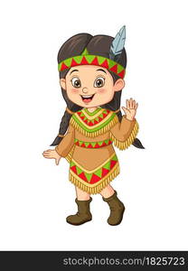 Cartoon little girl wearing american indian costume