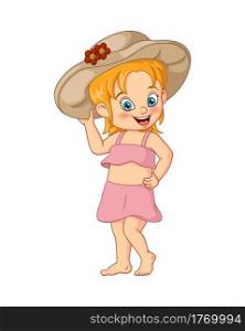 Cartoon little girl wearing swimsuit and hat