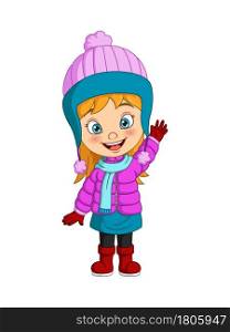 Cartoon little girl wearing winter clothes waving hand