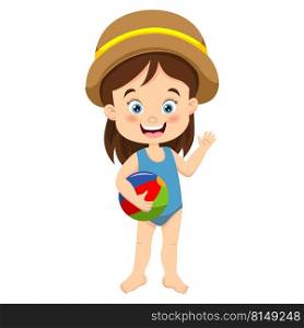Cartoon little girl with beach ball