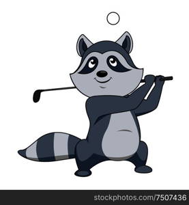 Cartoon little grey raccoon playing golf swinging the club over its shoulder. Cartoon funny little raccoon playing golf
