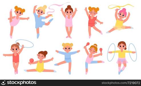 Cartoon little gymnast girls with ribbons, ball and hoop. Kids gymnastics class competition. Gym sport and acrobatics exercises vector set. Children doing rhythmic movements in various postures. Cartoon little gymnast girls with ribbons, ball and hoop. Kids gymnastics class competition. Gym sport and acrobatics exercises vector set