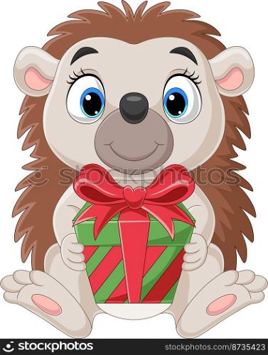 Cartoon little hedgehog sitting and holding gifts