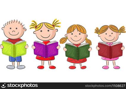 Cartoon little kid holding book and on white background.vector illustration