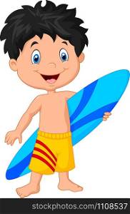 Cartoon little kid holding surfboard
