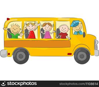 Cartoon little kid in the yellow bus