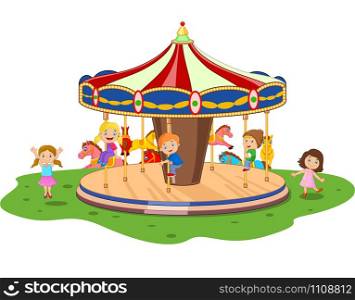 Cartoon little kid playing game carousel with colorful horses