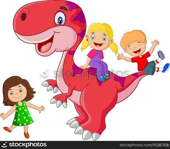 Cartoon little kid playing on the dinosaur