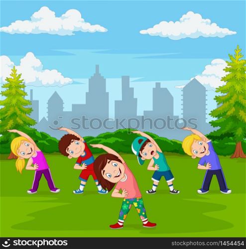 Cartoon little kids exercising in green city park
