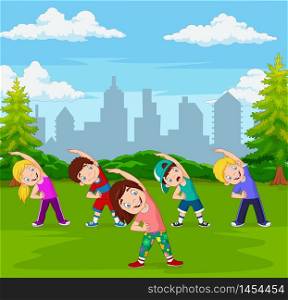 Cartoon little kids exercising in green city park