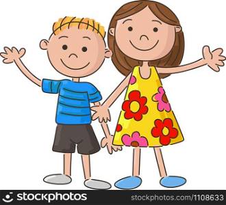cartoon little kids holding hand