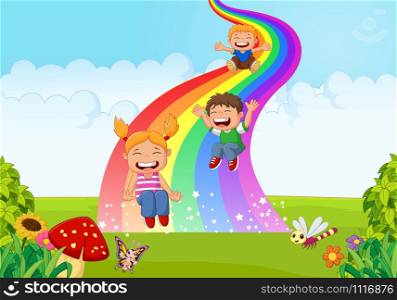 Cartoon little kids playing slide rainbow in the jungle