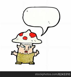cartoon little mushroom man with speech bubble