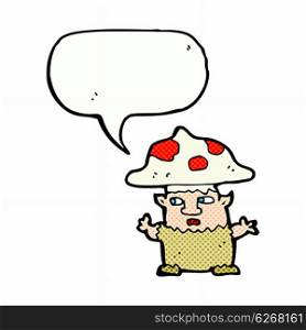 cartoon little mushroom man with speech bubble