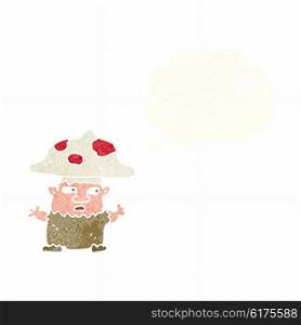 cartoon little mushroom man with thought bubble