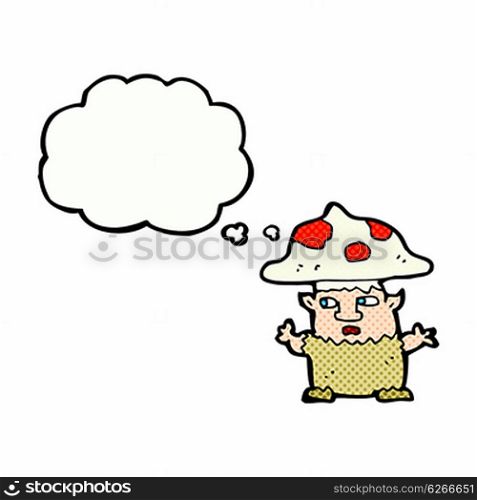 cartoon little mushroom man with thought bubble