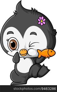 cartoon little penguin holding a fish of illustration