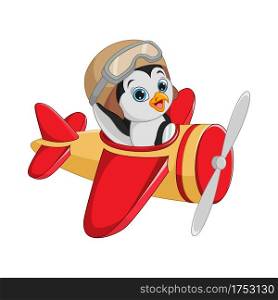 Cartoon little penguin operating a plane