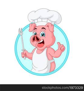Cartoon little pig chef holding a fork